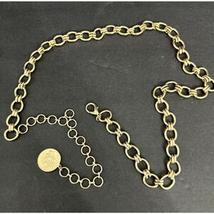 Vintage Womens Gold Brass Plated Chain Belt Round Coin Medallion Adjustable